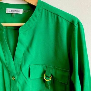 Calvin Klein green blouse with gold buttons